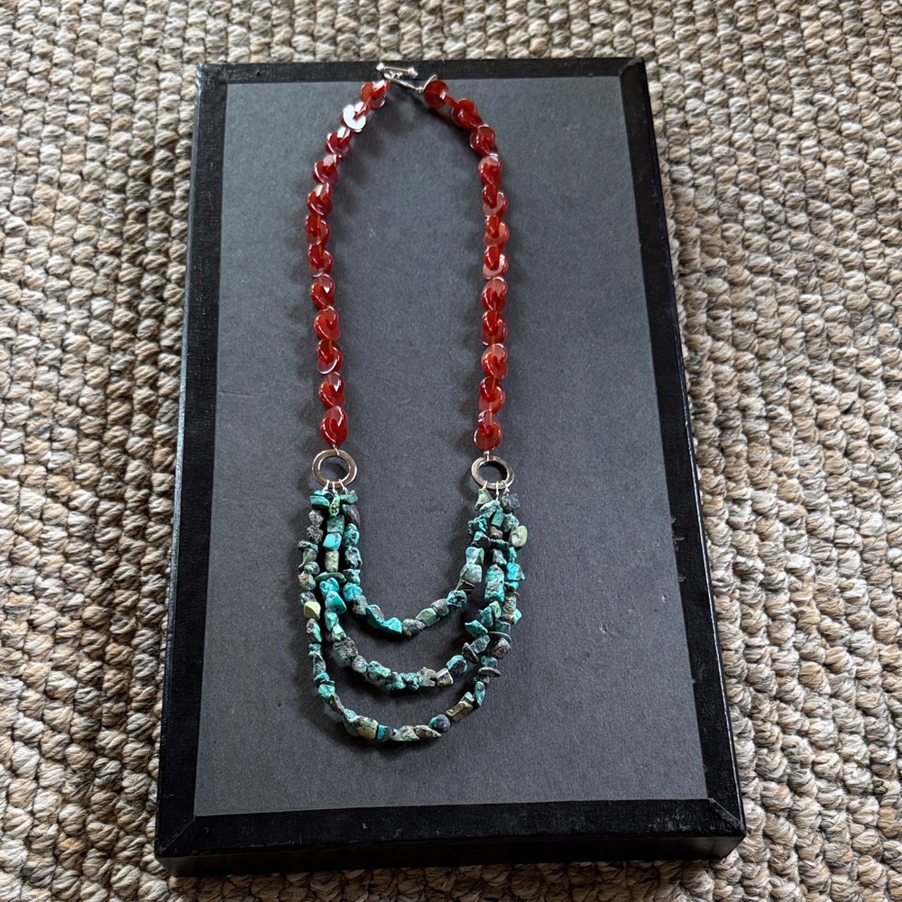 Orange and Turquoise bead and stone Layered Necklace like new